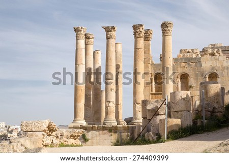 Temple of Zeus, Jordanian city of Jerash  (Gerasa of Antiquity), capital and largest city of Jerash Governorate, Jordan