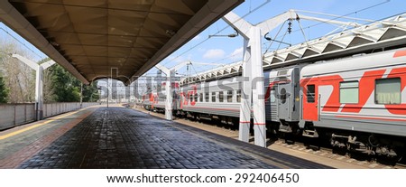 MOSCOW, RUSSIA - JUNE, 03 2015: Train on Leningradsky railway station-- is one of the nine main railway stations of Moscow, Russia