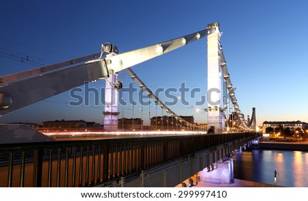 Krymsky Bridge or Crimean Bridge (night) is a steel suspension bridge in Moscow, Russia. The bridge spans the Moskva River 1,800 metres south-west from the Kremlin