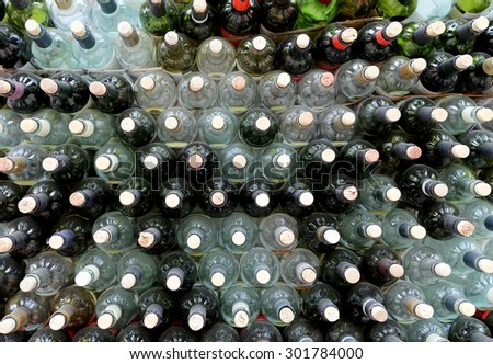 MOSCOW, RUSSIA - JULY, 23 2015: very much stacked up wine bottles  with  corks