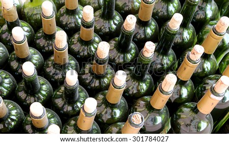 MOSCOW, RUSSIA - JULY, 23 2015: very much stacked up wine bottles  with  corks