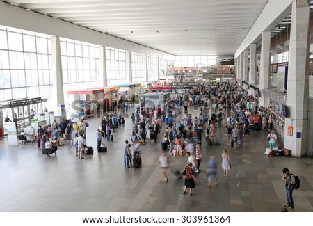 MOSCOW, RUSSIA - AUGUST, 04 2015: Kursky railway terminal (also known as Moscow Kurskaya railway)is one of the nine railway terminals in Moscow, Russia . Passengers in the railway  terminal