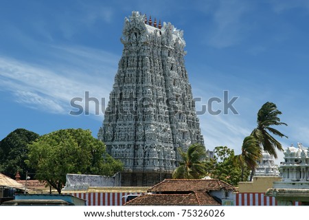 Suchindram temple dedicated to the gods Shiva, Vishnu and Brahma, protected by UNESCO. Kanniyakumari, Tamil Nadu, South India