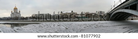 panoramic view of the Moscow River, Cathedral of Christ the Savior and the Great Stone Bridge on a cloudy winter day, Moscow, Russia
