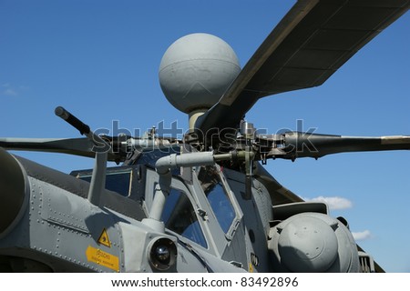Details of the rotor and part of the body of modern military helicopters closeup