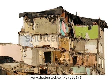 Destroyed the old house. Isolated on white background. Moscow, Russia