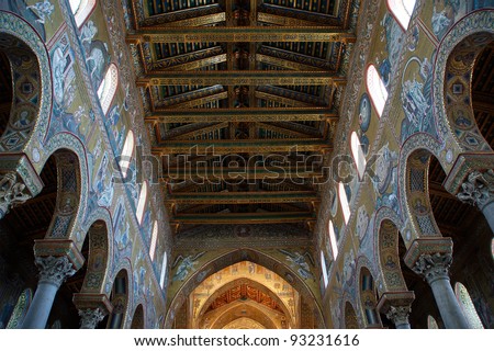 The interior Cathedral-Basilica of Monreale, is a Roman Catholic church in Monreale, Sicily, southern Italy.