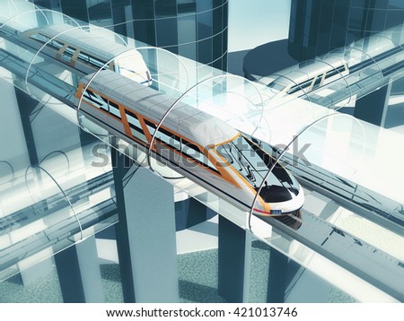 Concept of magnetic levitation train moving on the sky way in vacuum tunnel across the city. Modern city transport. 3d rendering illustration.