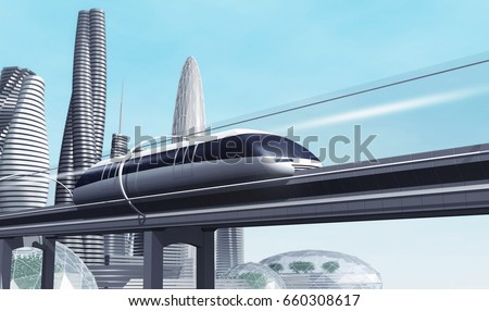 Concept of magnetic levitation train moving on the skyway in a vacuum tunnel across the city. Modern city transport. 3d rendering illustration.