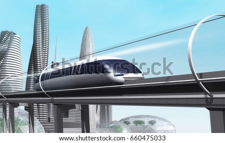 Concept of magnetic levitation train moving on the skyway in a vacuum tunnel across the city. Modern city transport. 3d rendering illustration.