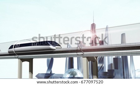 Concept of magnetic levitation train moving glass tunnel across the city. Modern city transport. 3d rendering illustration.