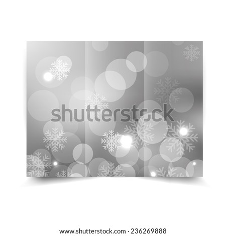 Christmas silver tri-fold brochure design template with abstract bokeh background with snowflakes. Tri-Fold Mock up & back Brochure Design