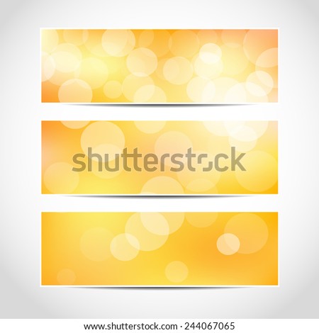 Set of trendy yellow lights banners template or website headers with abstract geometric bokeh sunny background. Design illustration