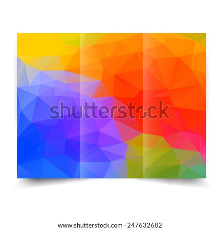 Colorful bright tri-fold brochure design template with abstract geometric background. Tri-Fold Mock up and back Brochure Design with triangles.