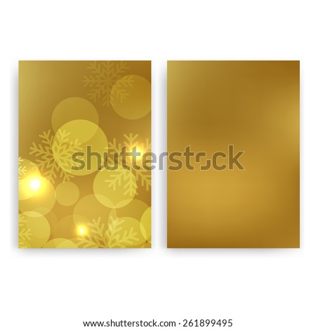 Flyer design templates. Set of gold Christmas A4 brochure design templates with abstract modern bokeh lights and snowflakes backgrounds.