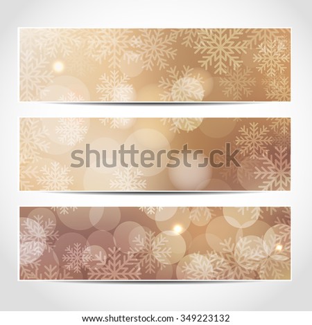 Set of trendy Christmas beige banners template or website headers with abstract bokeh lights and snowflakes background