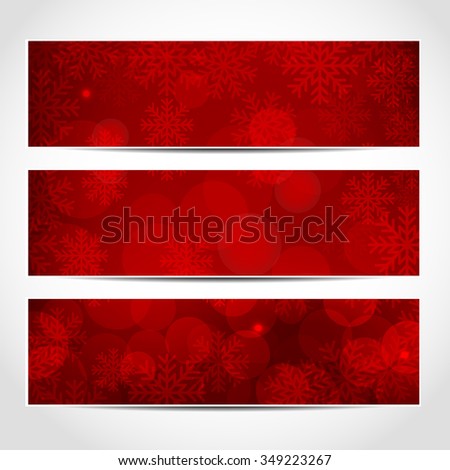 Set of trendy Christmas red banners template or website headers with abstract bokeh lights and snowflakes background