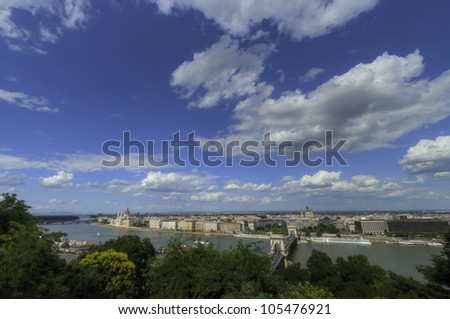 Landscape on a clear spring day of Buda from the Pest side of Budapest, Europe. Created from three merged images in HDR.