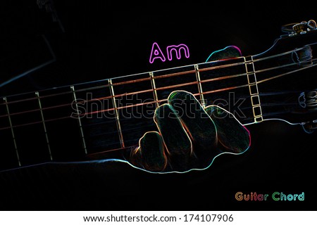 Guitar chord on a dark background, stylized illustration of an X-ray. Am chord