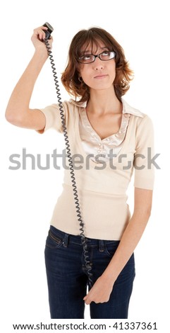 young girl with glasses and a telephone in his hand on a white background