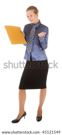 young girl in the office clothes and with a yellow folder in hand on white background