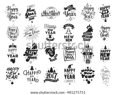 Happy New Year 2017 typographic emblems set. Vector logo design. Black and white. Usable for banners, greeting cards, gifts etc.