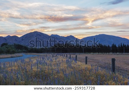 Magnificent  sunset over Canterbury Hills and farmlands, South Island, New Zealand