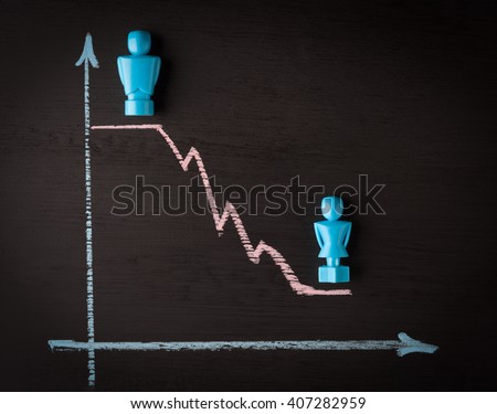 Wage gap and gender equality concept depicted with male and female figurines and hand drawn chalkboard line graph
