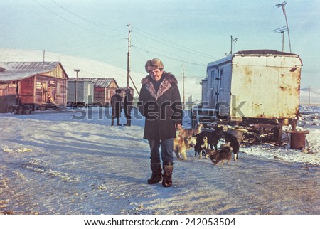 Chukchi Peninsula, USSR - 15 April, 1979: Soviet gold prospector on an only street of small gold-prospectors\' settlement Chukotka Yuzhniy near most northern town in USSR called Pevek