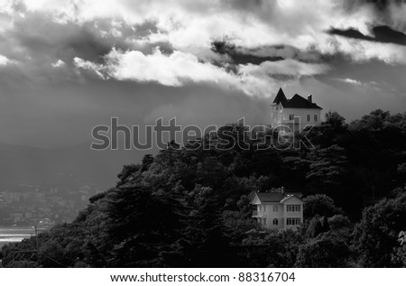 Two houses on a hill - black and white mystic version.