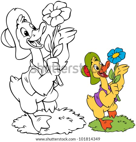 Vector Illustration, Cute Duck With Flower, Card Concept, White