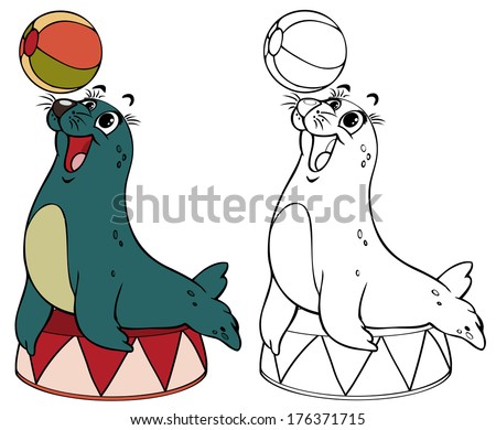 Vector illustration coloring drawing juggler seal cartoon concept Vector illustration coloring drawing juggler seal cartoon concept