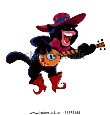 black cat cartoon. lack cat playing guitar,