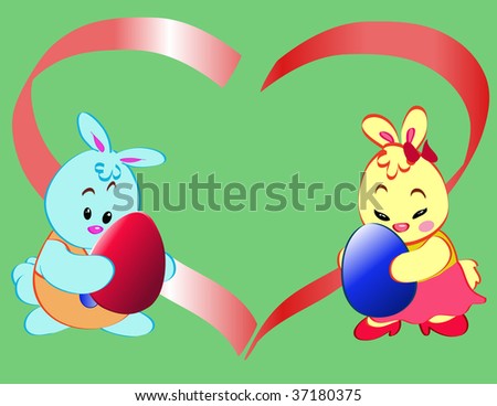 cartoon easter bunnies and eggs. easter bunnies with eggs,