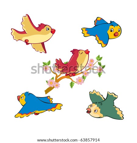 Flying Birds on Vector Illustration  Cute Funny Birds Flying And Singing  Cartoon