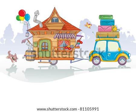 stock vector Vector illustration cute car with caravan going in vacation 