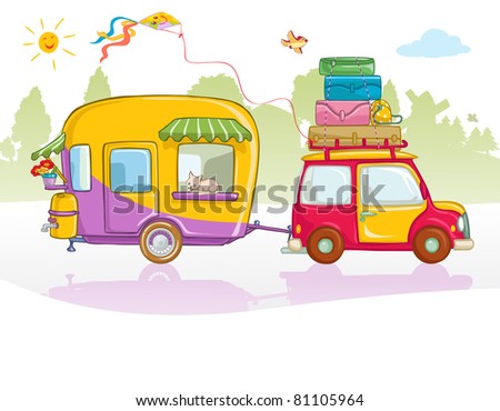 stock vector Vector illustration cute car with caravan card concept