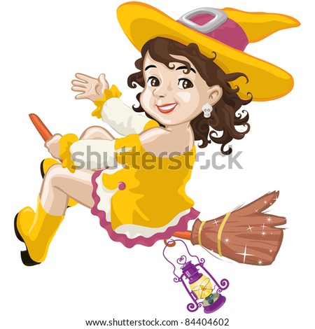 Vector illustration, little witch says hello on Halloween, cartoon concept, white background. - stock vector