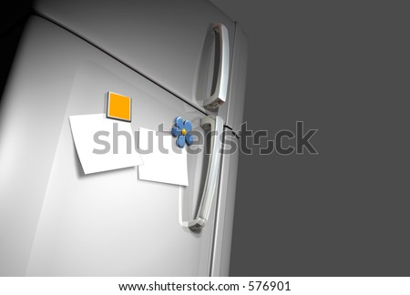 3D very realistic refrigerator door with two magnets and two white surfaces like photo o post-it papers