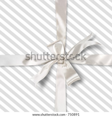 Grey and white striped gift with white satin ribbon