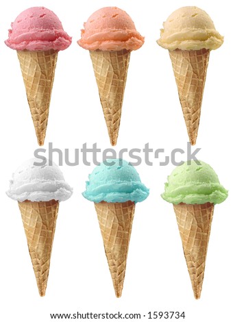 Six ice cream cones of 6 different flavors with clipping path