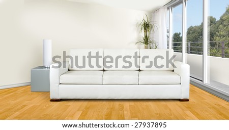 White sofa in a modern minimalist living room with a balcony