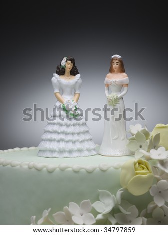 stock photo Two bride figurines on top of wedding cake