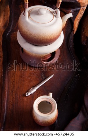 Teapot and tea cup in a traditional chinese tea house