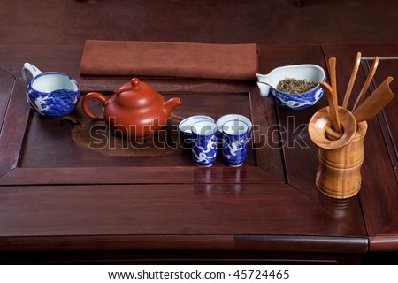 Teapot and tea cup in a traditional chinese tea house