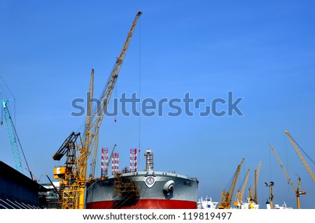 SINGAPORE-NOV 18: Dayview of Sembawang Shipyard. It is located in Sembawang & close to Sembawang MRT (NS11) on Nov 18, 2012 in northen Singapore. It is a wholly owned shipyard of Sembcorp Marine Ltd.