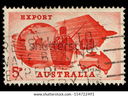 AUSTRALIA - CIRCA 1963: A stamp printed in Australia honoring Australian export, shows Earth, ship, container, Australia map, circa 1963