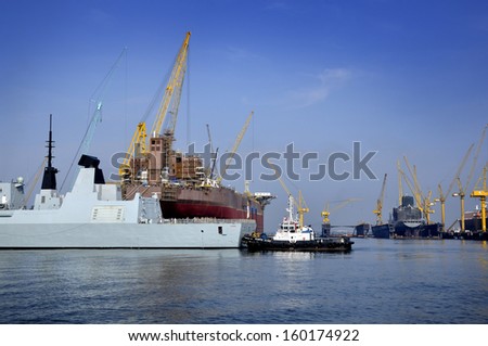 SINGAPORE-Oct 27: Dayview of British warship HMS Daring (D32) docks in Sembawang Shipyard. It is located in Sembawang & close to Sembawang MRT (NS11) on Oct 27, 2013 in northen Singapore.