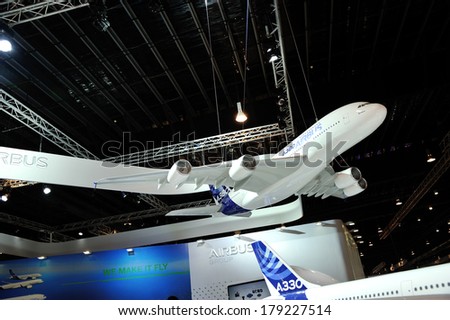 SINGAPORE - FEBRUARY 14: Airbus A380 model on display at Singapore Airshow 2014, Asia\'s Biggest For Aviation\'s Finest at Changi Exhibition Centre on February 14, 2014 in Singapore.
