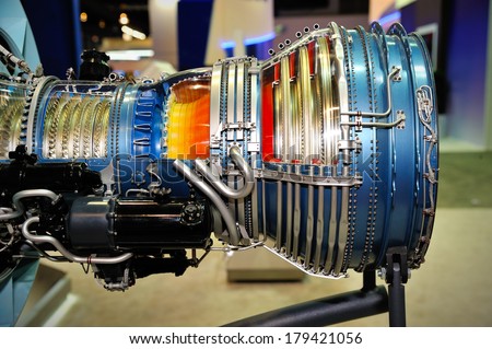 SINGAPORE - FEBRUARY 14: Model of jet engine at Singapore Airshow 2014, Asia\'s Biggest For Aviation\'s Finest at Changi Exhibition Centre on February 14, 2014 in Singapore.